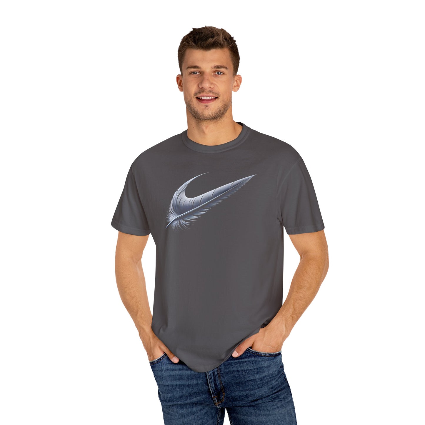 Stylish Unisex Garment-Dyed T-Shirt with Feather Design