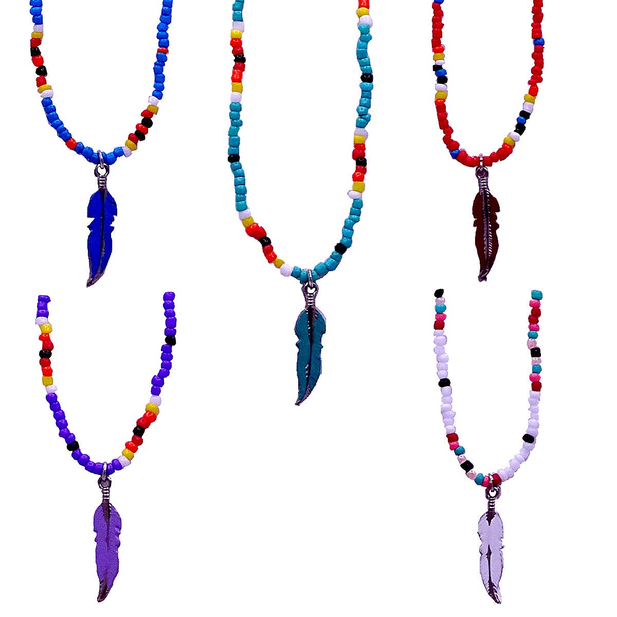 Metal Feather Charm Beaded Necklace