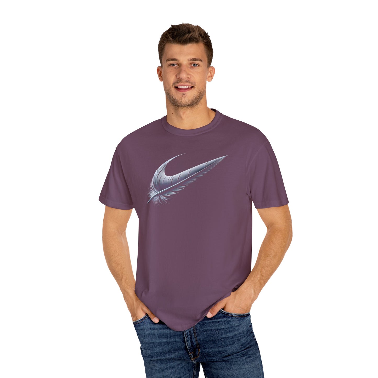 Stylish Unisex Garment-Dyed T-Shirt with Feather Design
