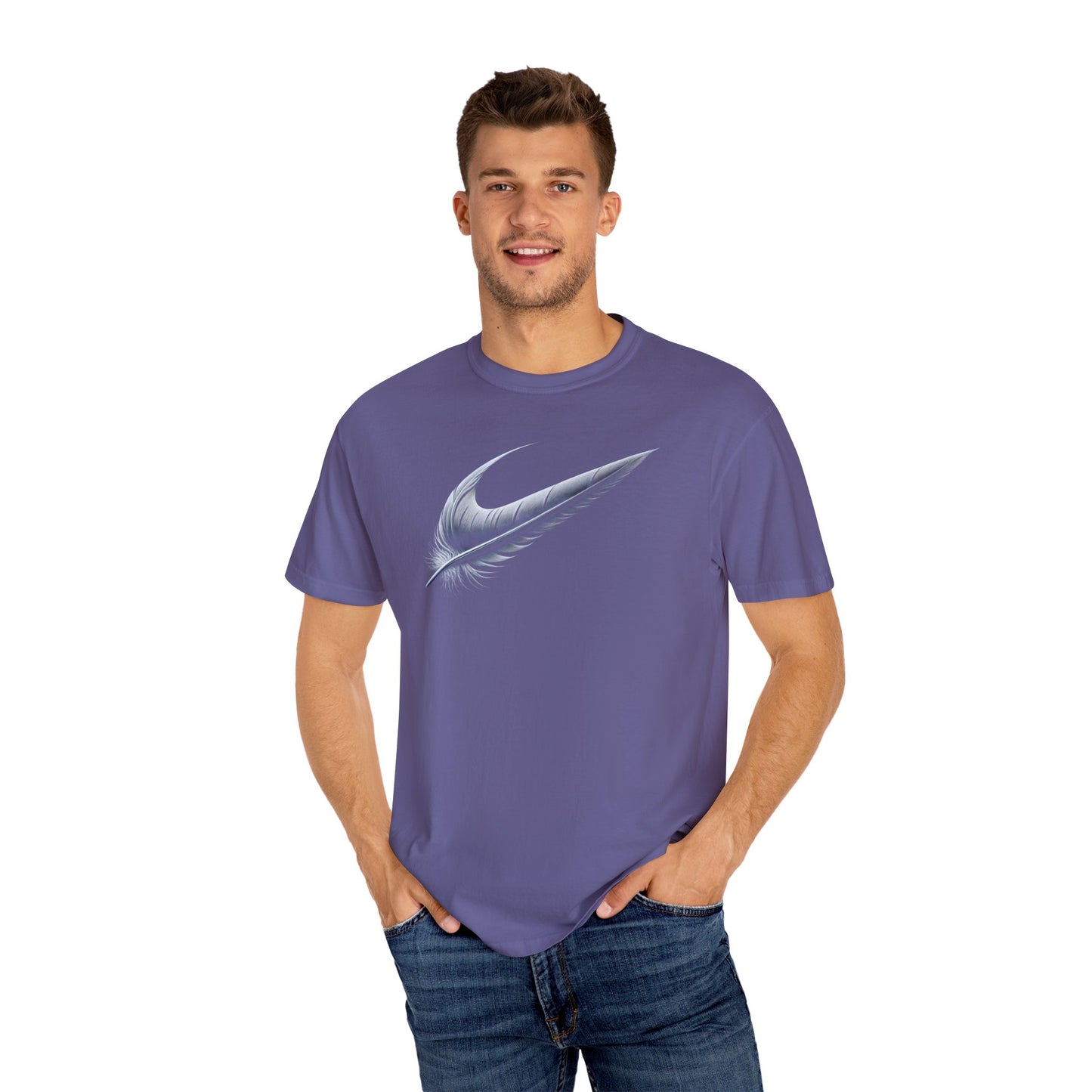 Stylish Unisex Garment-Dyed T-Shirt with Feather Design