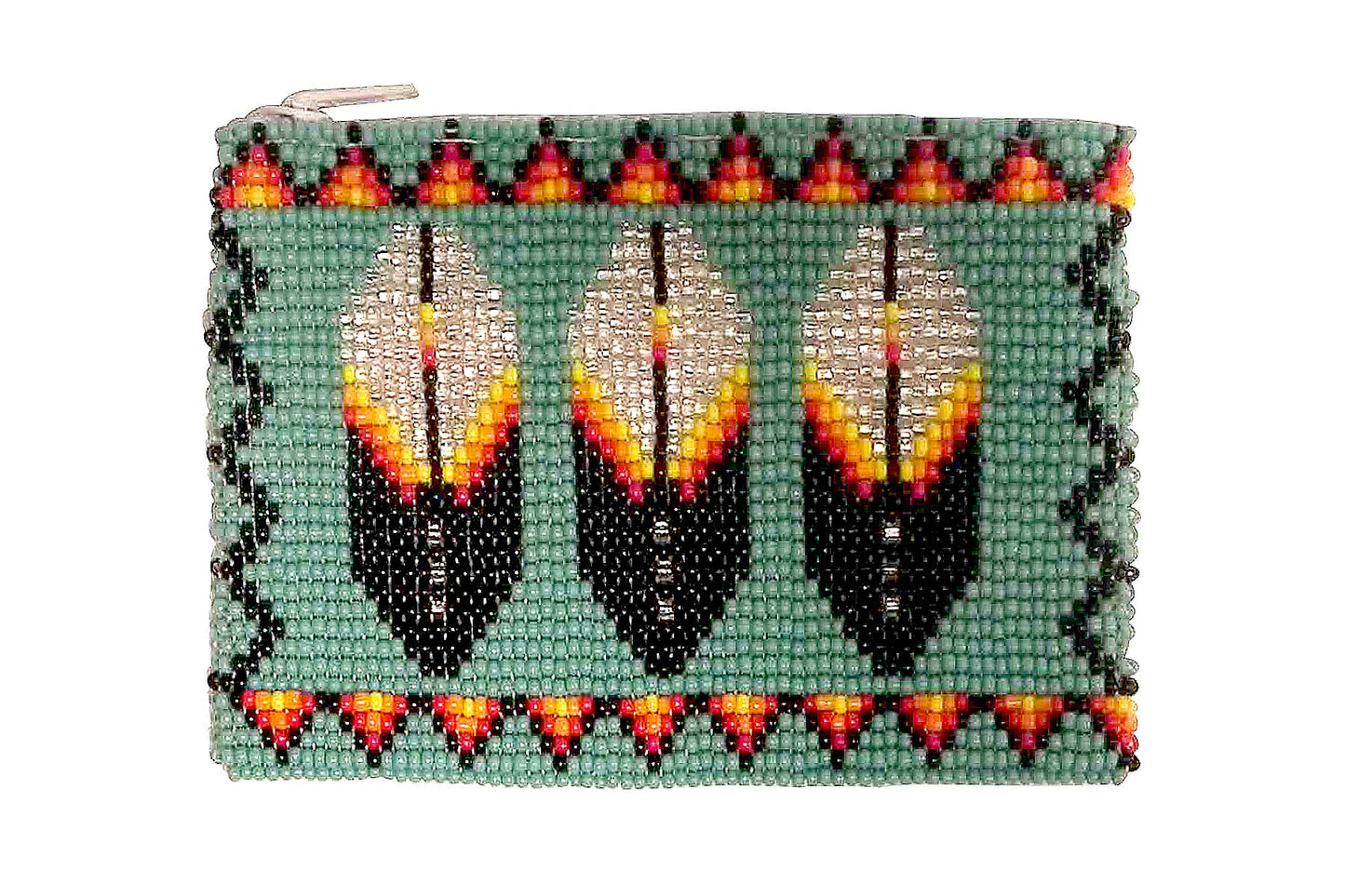 Beaded Native Inspired 3 Feather Seed Bead Coin Purse Pouch