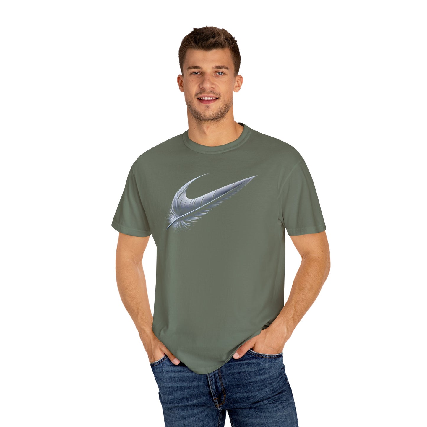 Stylish Unisex Garment-Dyed T-Shirt with Feather Design