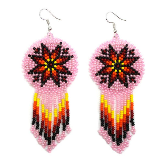 Handmade Beaded Pink Fire Color Round Fringe Hook Earrings