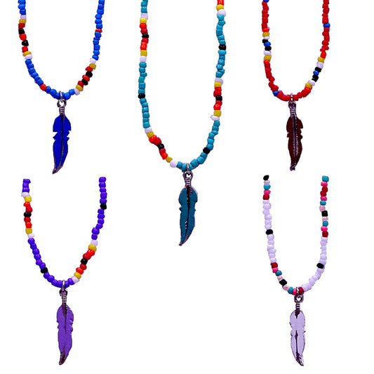 Metal Feather Charm Beaded Necklace