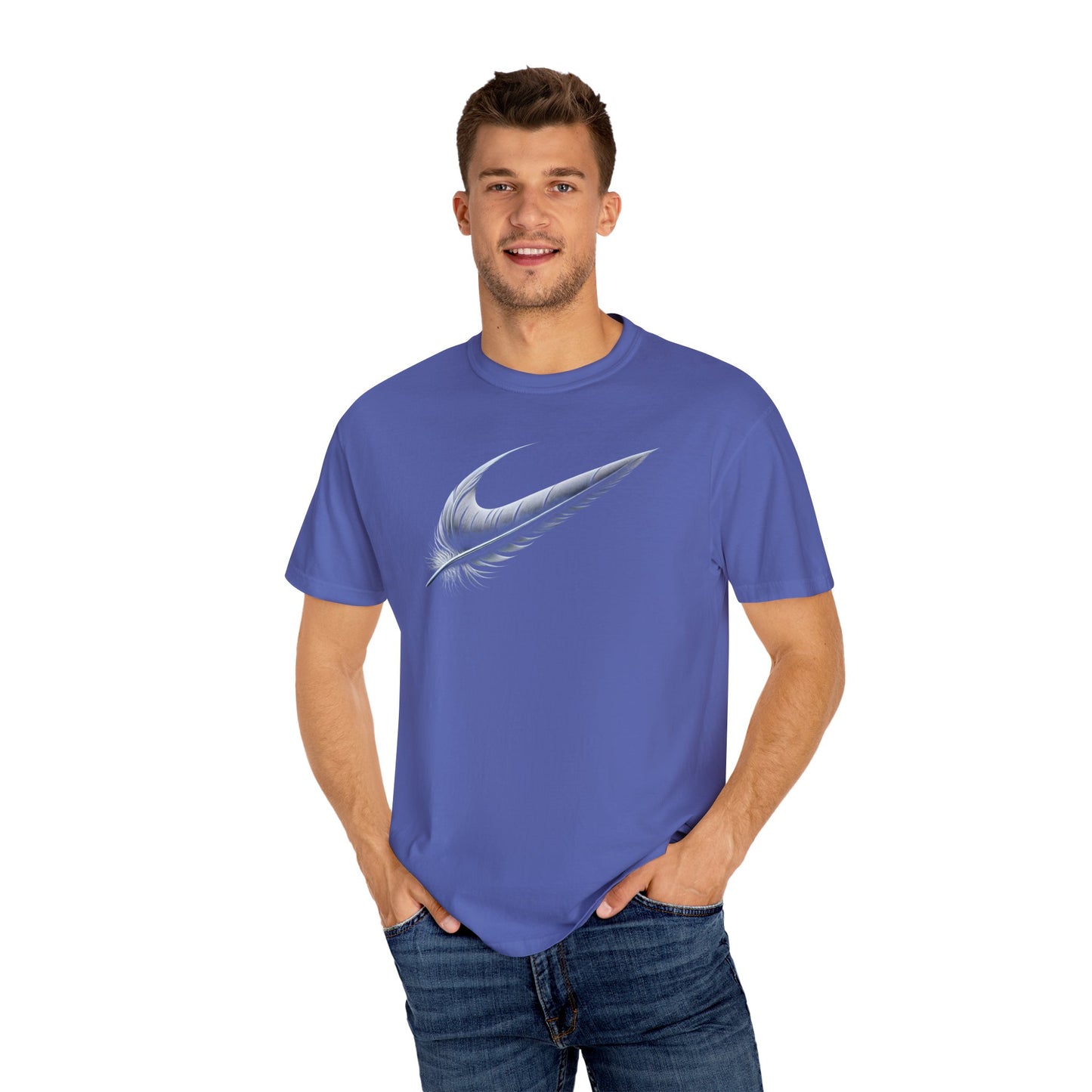 Stylish Unisex Garment-Dyed T-Shirt with Feather Design