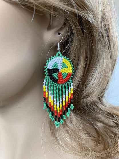 Handmade Native Style Green Fringe Beaded Earrings