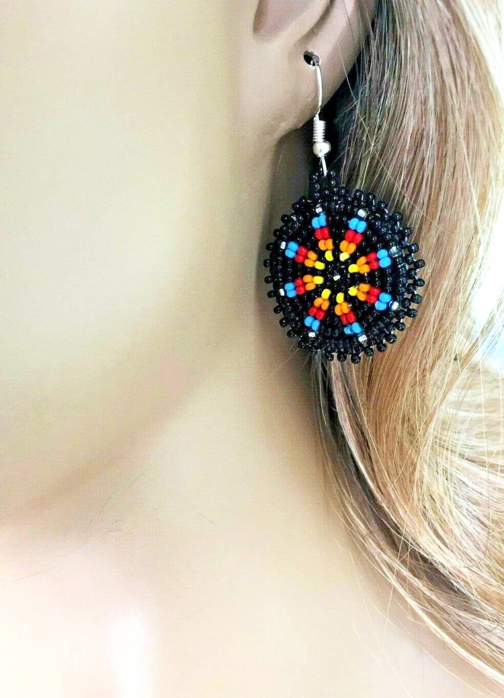 Handmade Beaded Cute Round Black Earrings