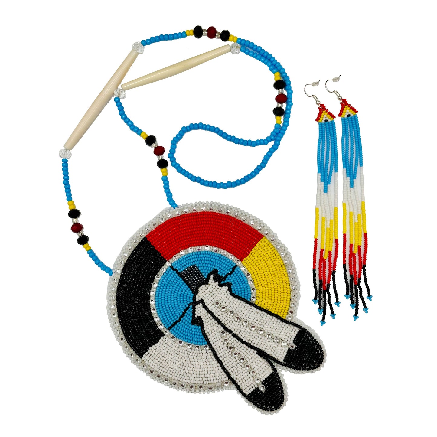 Handmade Beaded Necklace Earring Set Large 5 inch Rossette.