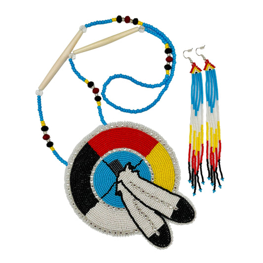 Handmade Beaded Necklace Earring Set Large 5 inch Rossette.