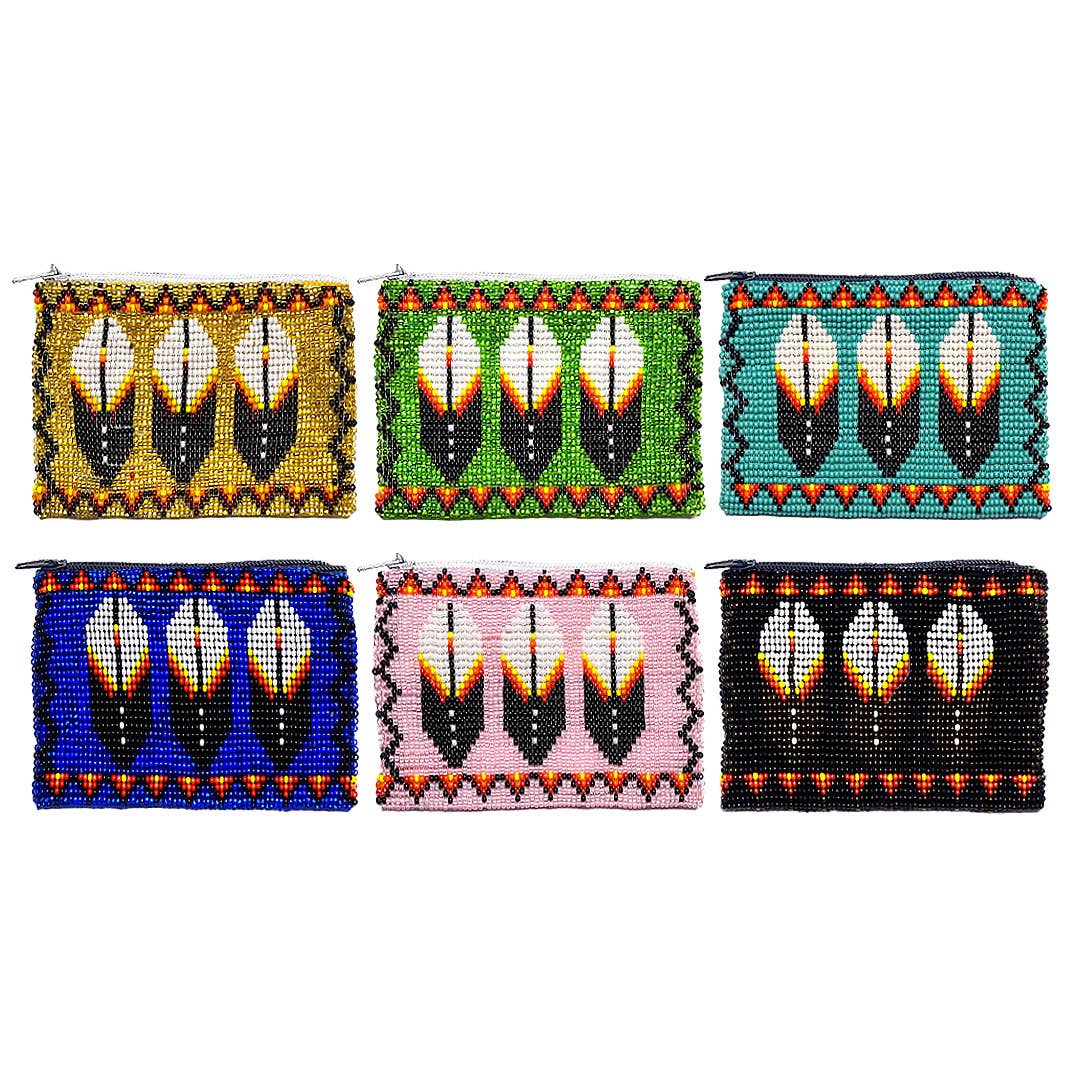 Beaded Native Inspired 3 Feather Seed Bead Coin Purse Pouch