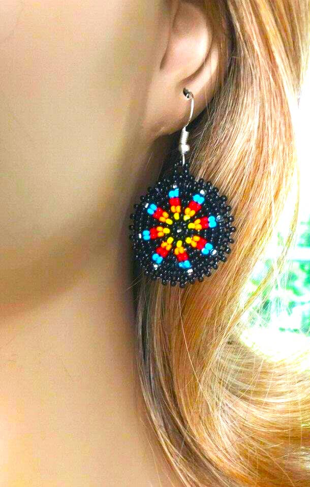 Handmade Beaded Cute Round Black Earrings