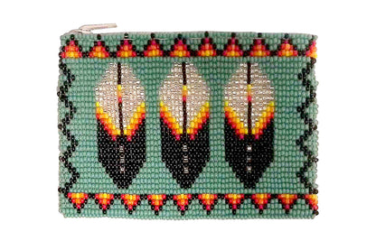 Beaded Native Inspired 3 Feather Seed Bead Coin Purse Pouch