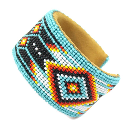 Handmade Beaded Cyan Blue Diamond Pattern Hard Cuff bracelet