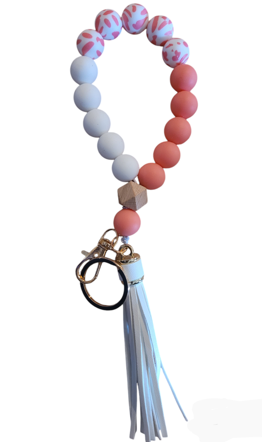 Silicone Bead Stretchy Keychain with Tassel and Engraved Charm | Custom Personalized Keychain