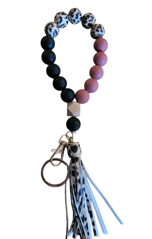 Silicone Bead Stretchy Keychain with Tassel and Engraved Charm | Custom Personalized Keychain