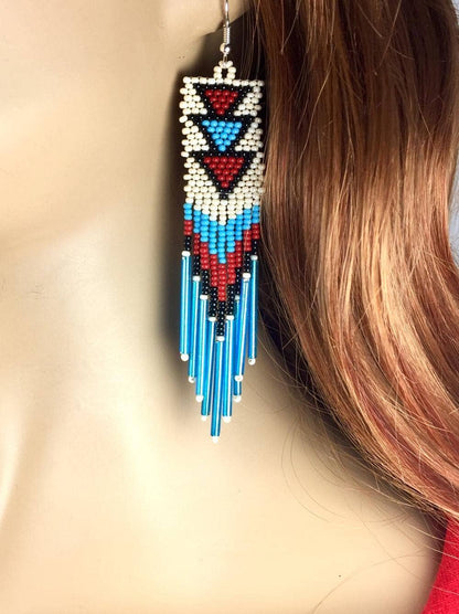 Handmade beaded Cream Blue long Native Style Hook Earrings