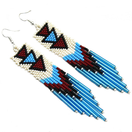 Handmade beaded Cream Blue long Native Style Hook Earrings