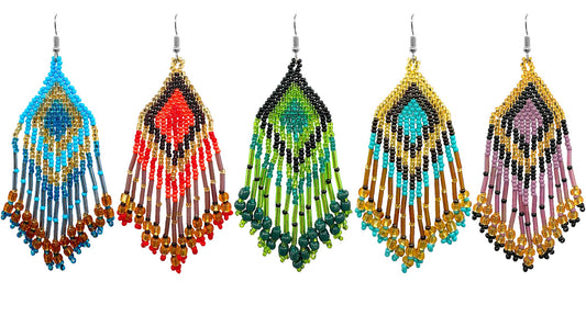 Large Seed Bead Fringe Long Dangle Earrings