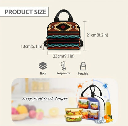 Turquise Aztec Print Lunch Bag 1pc Aztec Print Vintage Style Insulated Lunch Bag - Polyester, Machine Washable, Portable