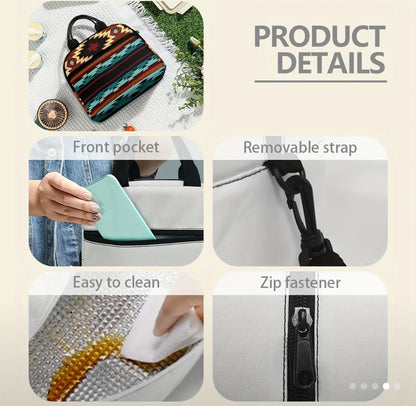 Turquise Aztec Print Lunch Bag 1pc Aztec Print Vintage Style Insulated Lunch Bag - Polyester, Machine Washable, Portable